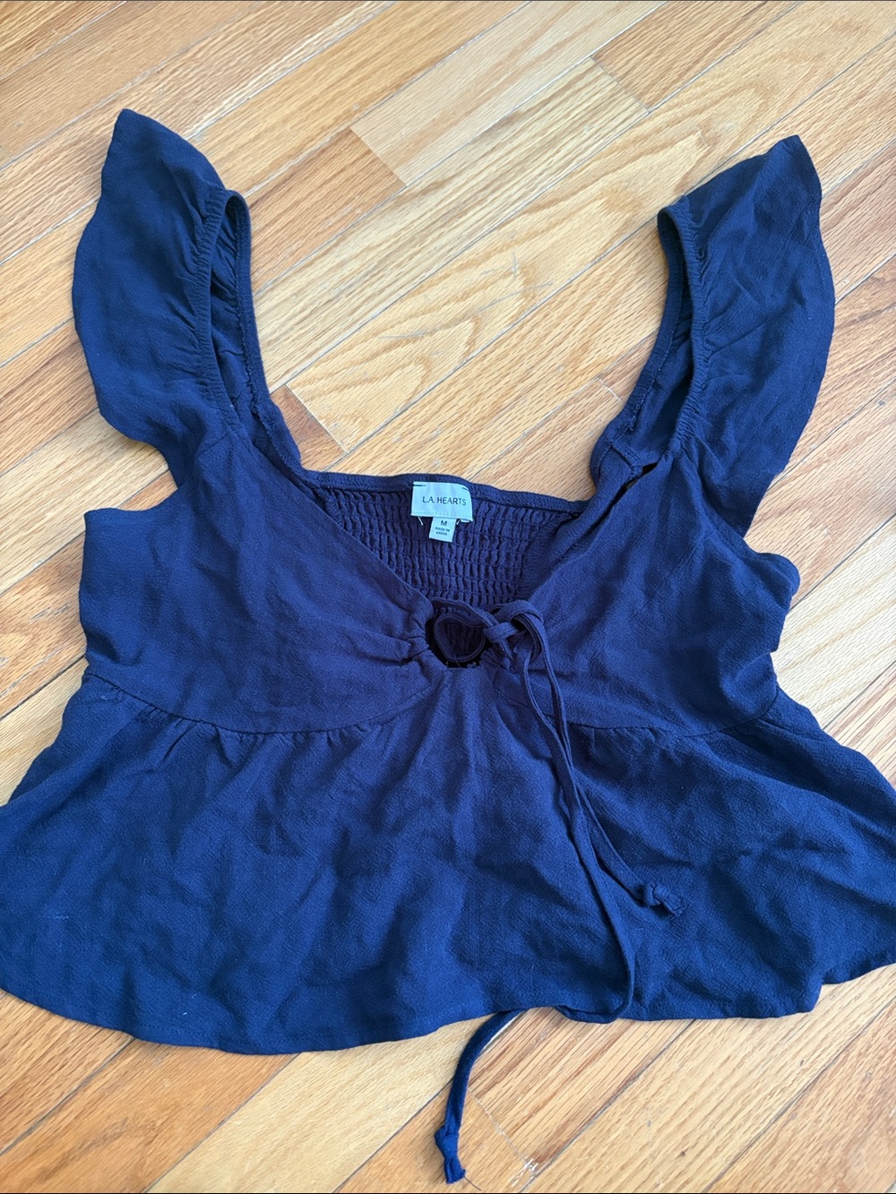 La Hearts Navy Ring-Tie Flutter Crop Top